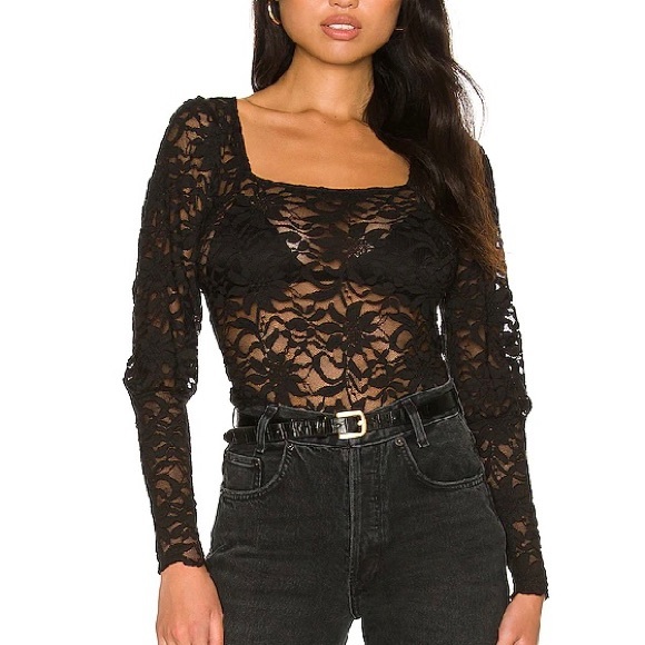 Revolve X Free People Bodysuit black sheer lace long sleeves Size Medium - Picture 1 of 9